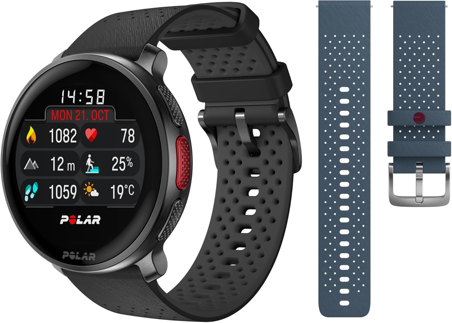 Vantage V3 - Montre GPS avec Cardiofréquencemètre - Autonomie Prolongée, Cartes Hors Ligne, Running et Triathlon Montre & bracelet supplémentaire Noir/Bleu - Pack Exclusivité Amazon S-L