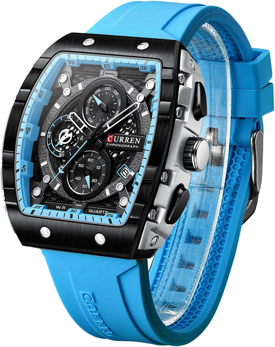 FORSINING Montre analogique à quartz pour homme - Grand cadran rectangulaire - Bracelet en silicone - Étanche - Calendrier - Date Bleu