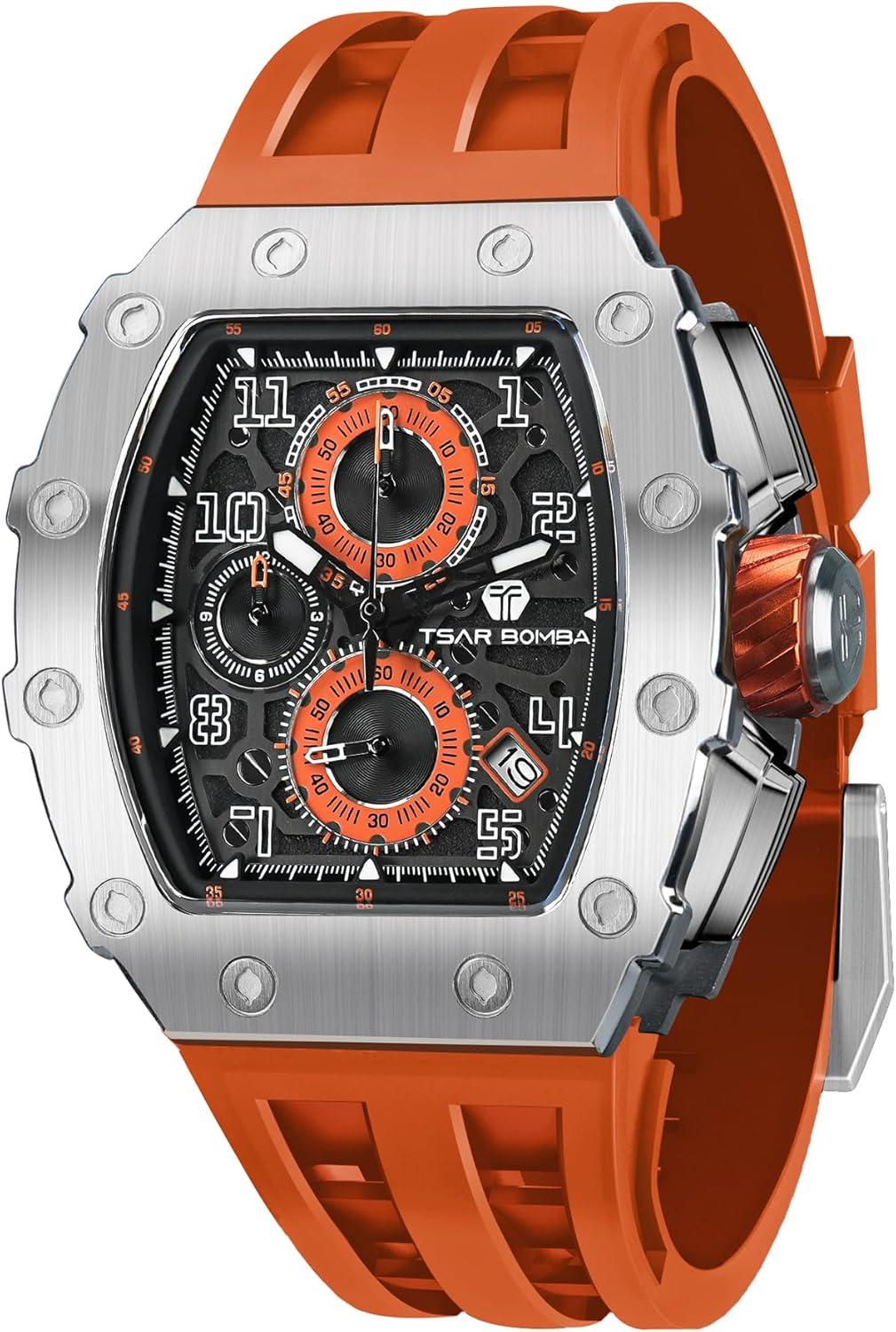 Montre de Luxe Homme Etanche 50M Tonneau Analogique Chronometre Squelette Carrée Grand Cadran Plongee Sport Montres Mouvement Japonais Bracelet Silicone Miroir Saphir Lumineux Bleu 05