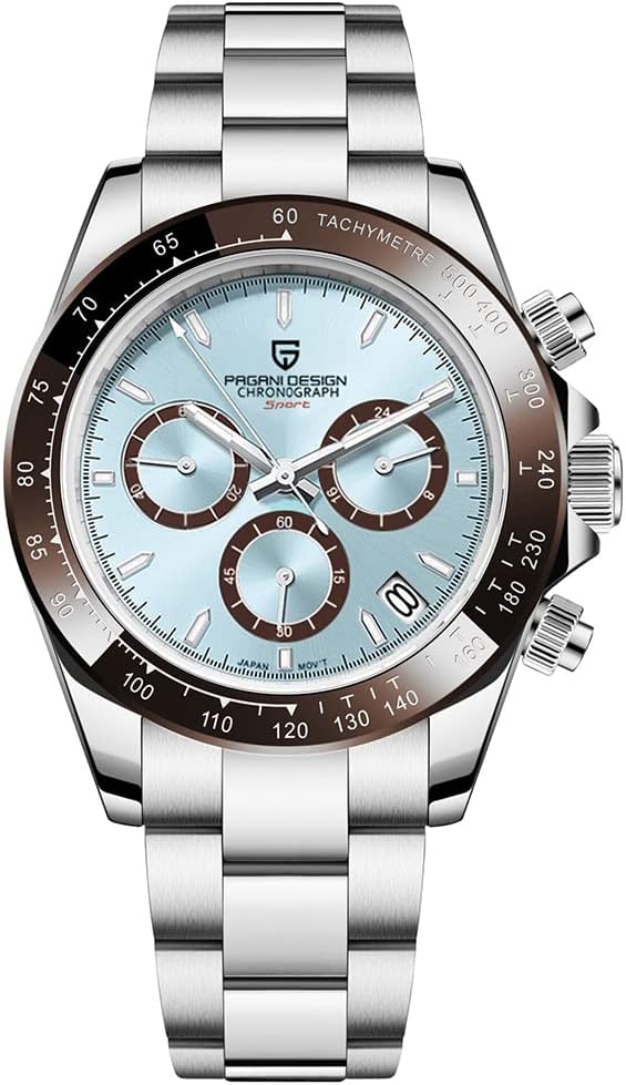 Pagani Design 1644 Montre chronographe Classique pour Homme Mouvement Japonais VK63 Cadran Panda Lunette en céramique Acier Inoxydable Montre à Quartz étanche, Bleu Glace