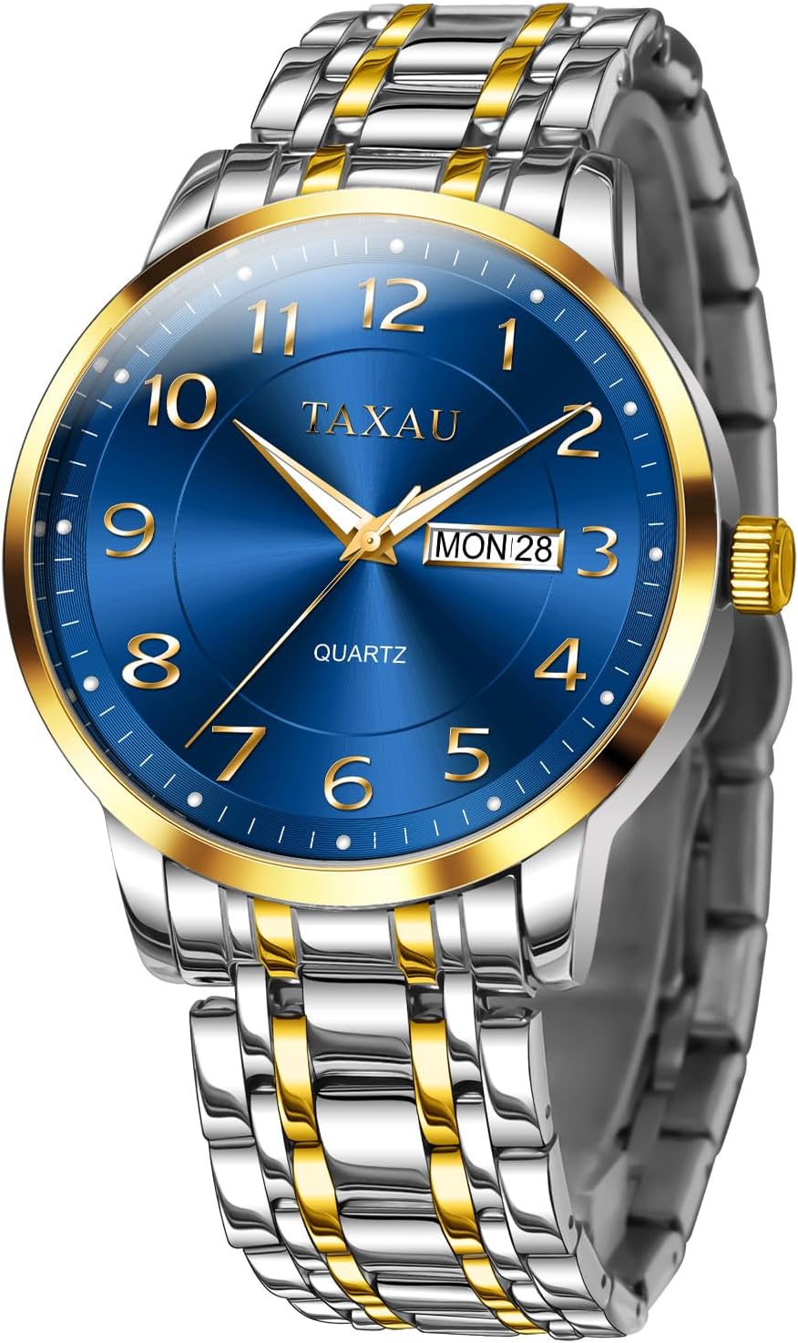 Taxau Montre étanche en argent pour homme en acier inoxydable - Montre de luxe - Montre d'affaires multifonction lumineuse avec date - Cadeau pour homme Bracelet Doré Argenté Visage Bleu G8405g