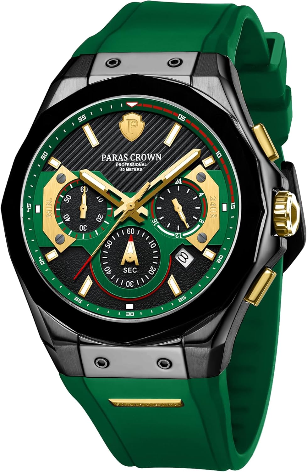 PC PARAS CROWN Montre Homme à Mouvement Quartz Japonais Chronographe Étanche 5 ATM Boîtier en Acier Bracelet en Silicone Cadeau élégant pour Hommes Vert