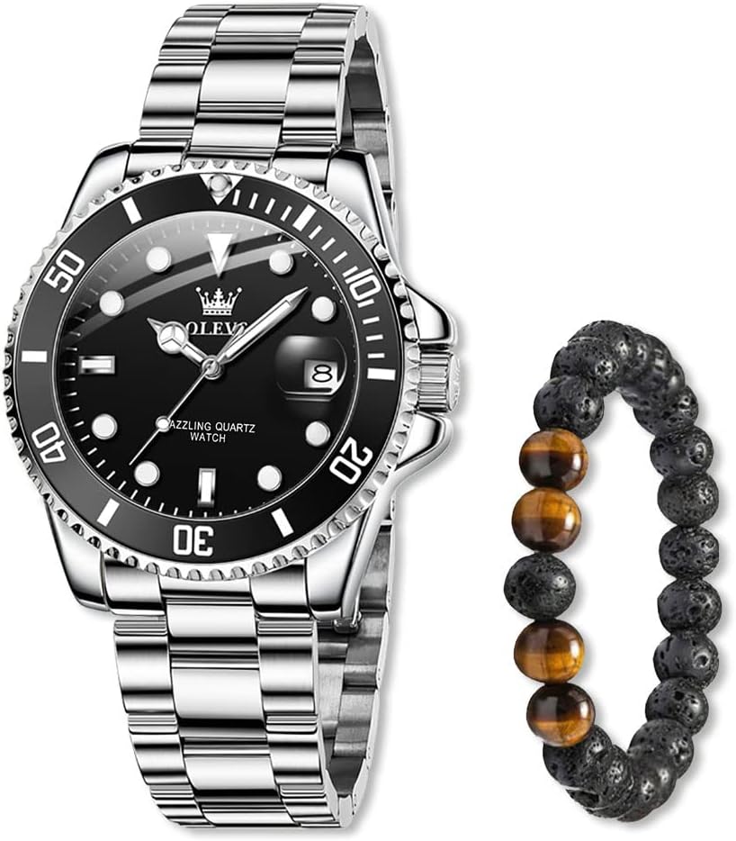 Montre Homme en Acier Inoxydable Étanche 30M Aiguilles Luminescentes Calendrier Mouvement à Quartz Style Classique sans Surcoût de Luxe Montre pour Hommes Argent/Noir