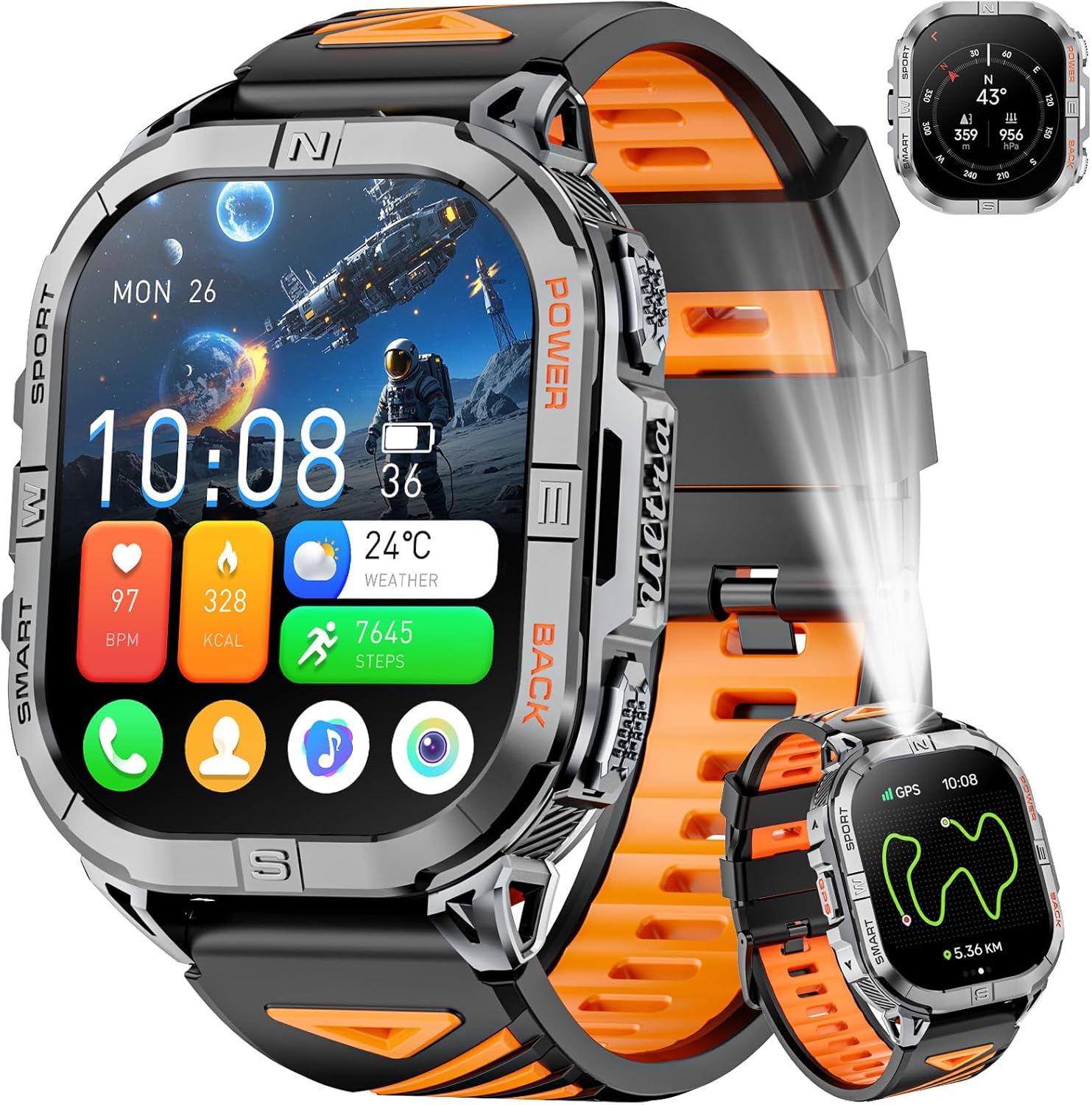Joautrial GPS Montre Connectée Homme, 2,13" AMOLED Militaire Smartwatch avec Torche LED/Boussole/100+ Modes Sportifs/580mAh Batterie/Surveillance Santé/Appels Bluetooth pour Android iOS (Noir)