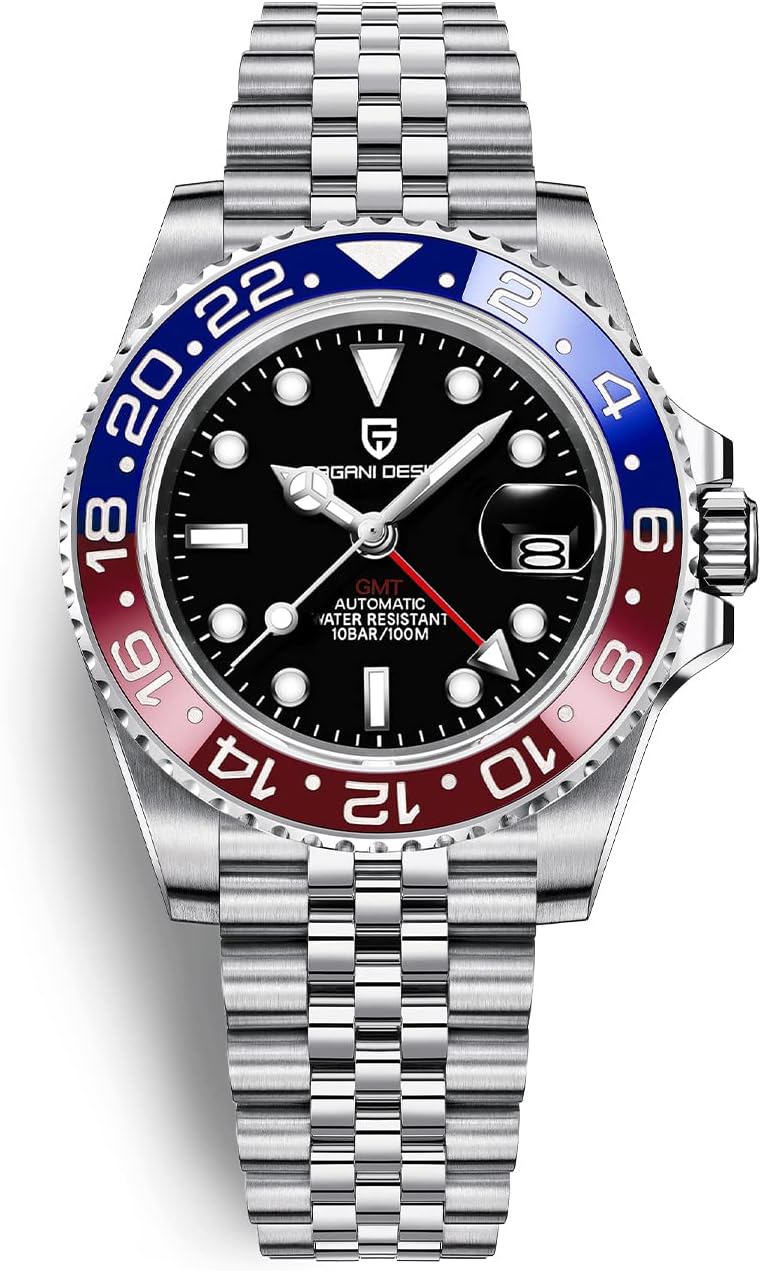 Pagani Design GMT Montre Homme Automatique Mécanique Verre Saphir Synthétique Acier Inoxydable 100M Étanche Montre-Bracelet pour Homme 40MM 5 Blue Red