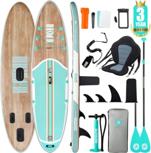 Paddle Gonflable Adulte avec Tous Les Accessoires, 320cm Planches de Stand Up Paddle Gonflables pour Tous Les Niveaux, Sup avec Capacité 200 kg pour 2 Personnes, Paddle Gonflable avec Siège Cool Mint Wood avec Aileron Équilibré