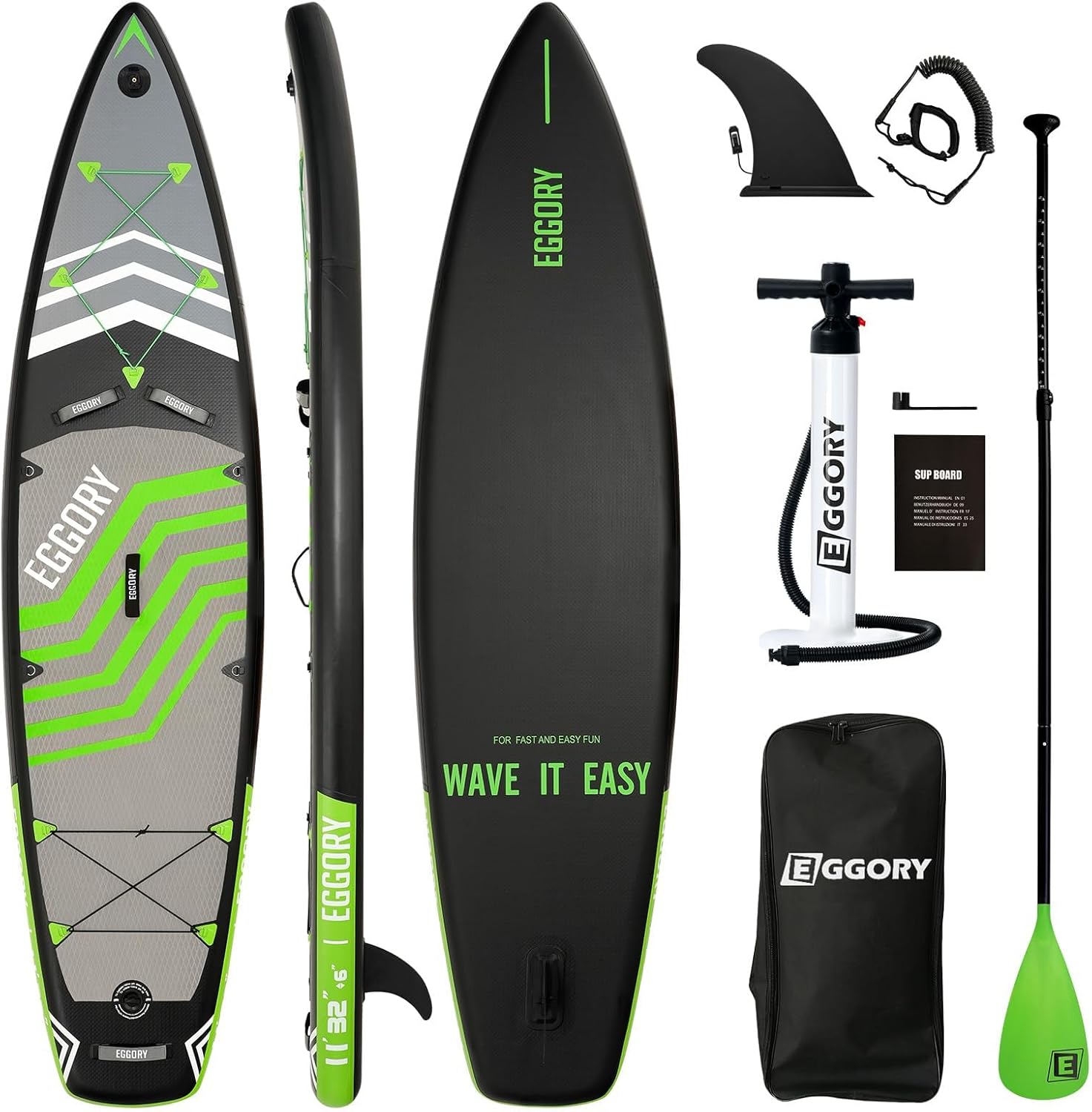 Stand Up Paddle Planche de Surf Gonflable Sup - Accessoires complets pour Planches de pagaie - Pompe à pagaie réglable - Sac à Dos de Voyage - Sangle d'épaule Gray Green