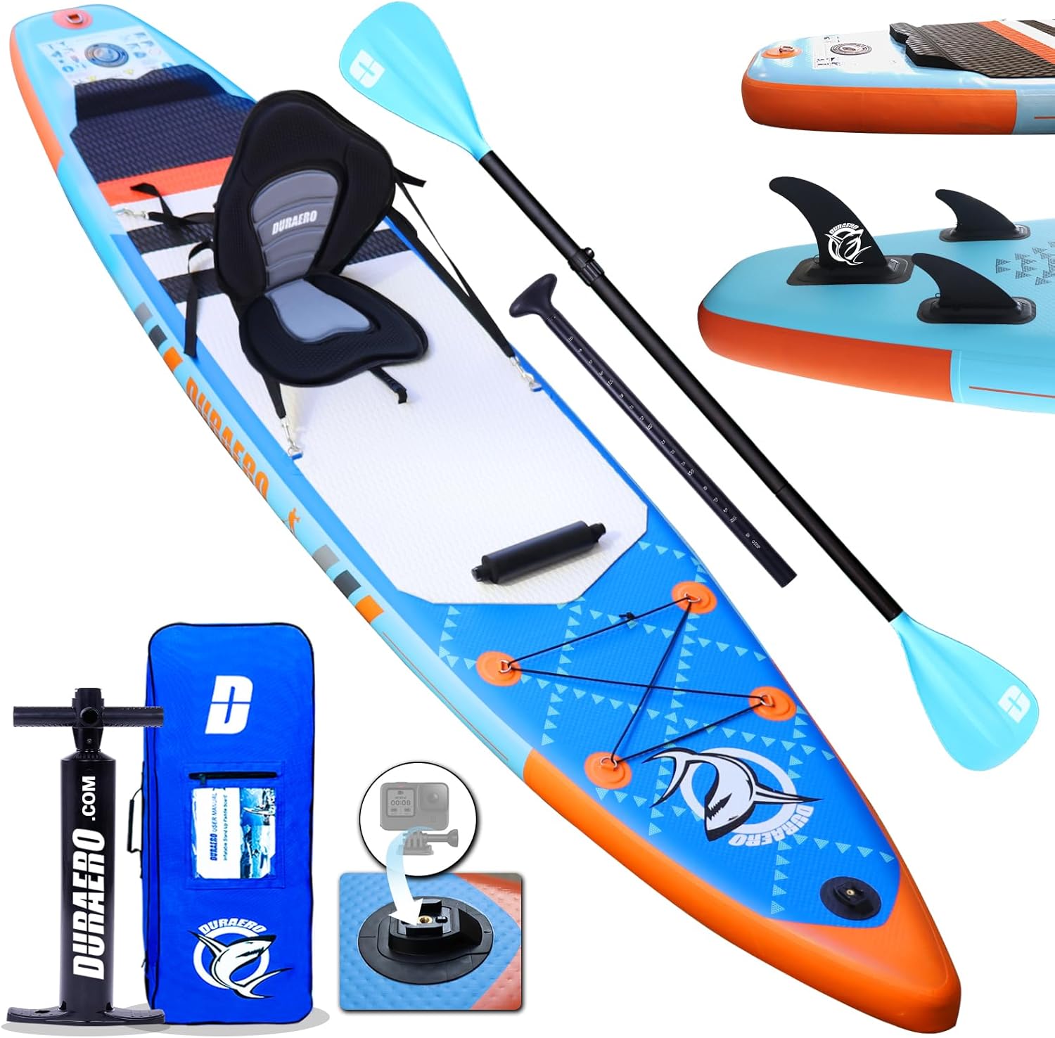 Stand up Paddle Gonflable Planches gonflables, 330 x 76 x 15 cm, siège Kayak, Support GO-Pro, Pad intégré, 3 Ailes, Double pagaie réglable, Accessoires complets, jusqu'à 150 kg, Bleu