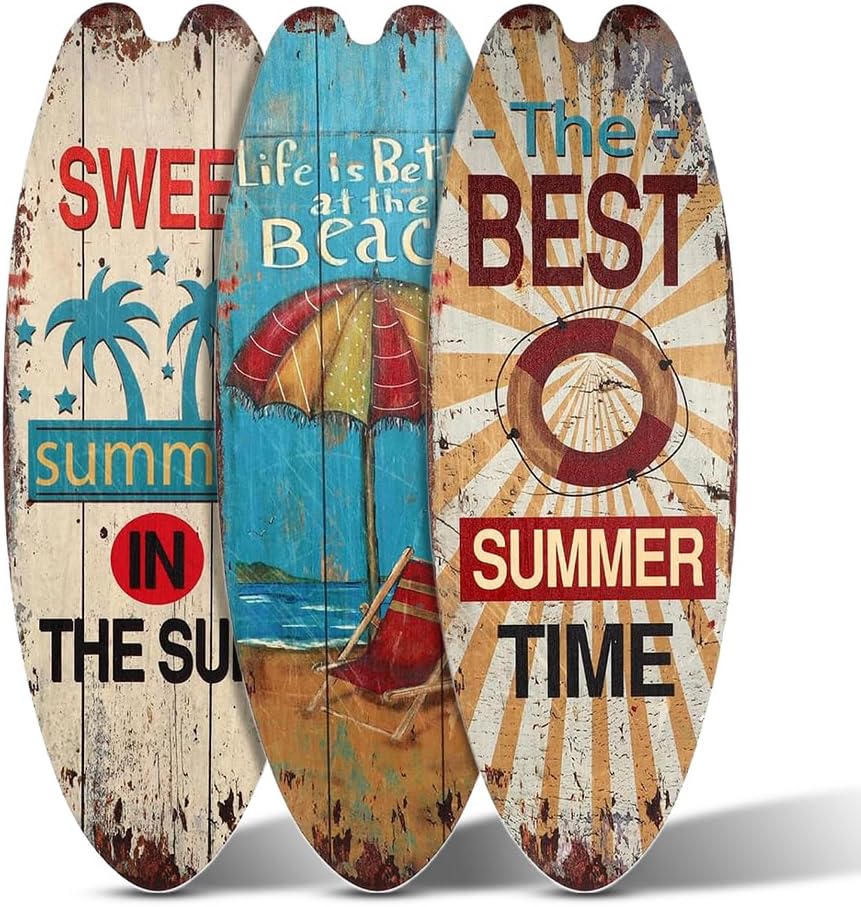 Occzin Lot de 3 planches de surf décoratives 45,5 cm – Planche de surf pour extérieur, terrasse, balcon, jardin, piscine, décoration d'été, Tiki, plage et mer, tableau mural méditerranéen pour fête