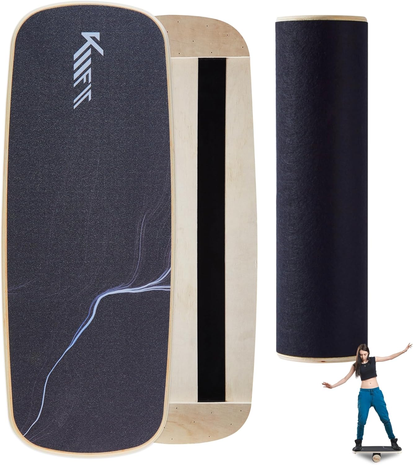 KM-Fit Planche d'équilibre en bois - Skateboard d'intérieur - Planche de surf pour entraînement de coordination - Entraînement de force et d'équilibre - Surf d'intérieur et de patinage
