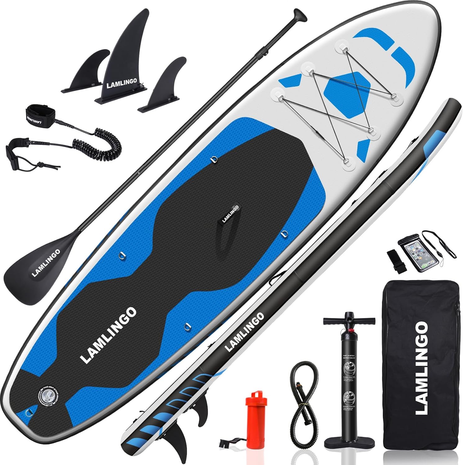Max 200 KG Stand Up Paddle Board Gonflable Adulte, Sup Planche en PVC Construction Ultra Robuste, Kit Pagaie, Pompe à Double Action, Sac à Dos Boîte réparation Bleu ciel 320 cm