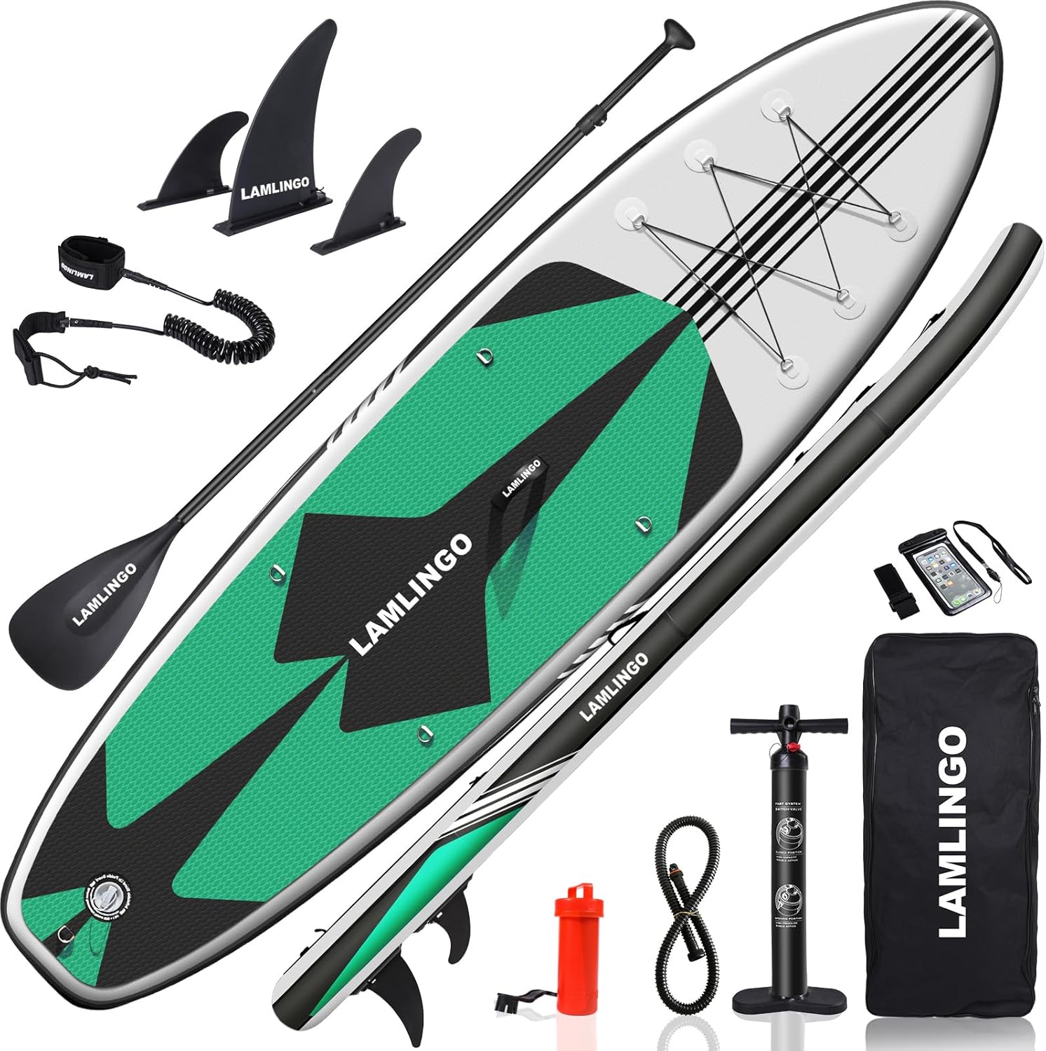 Max 200 KG Stand Up Paddle Board Gonflable Adulte, Sup Planche en PVC Construction Ultra Robuste, Kit Pagaie, Pompe à Double Action, Sac à Dos Boîte réparation Vert menthe 320 cm