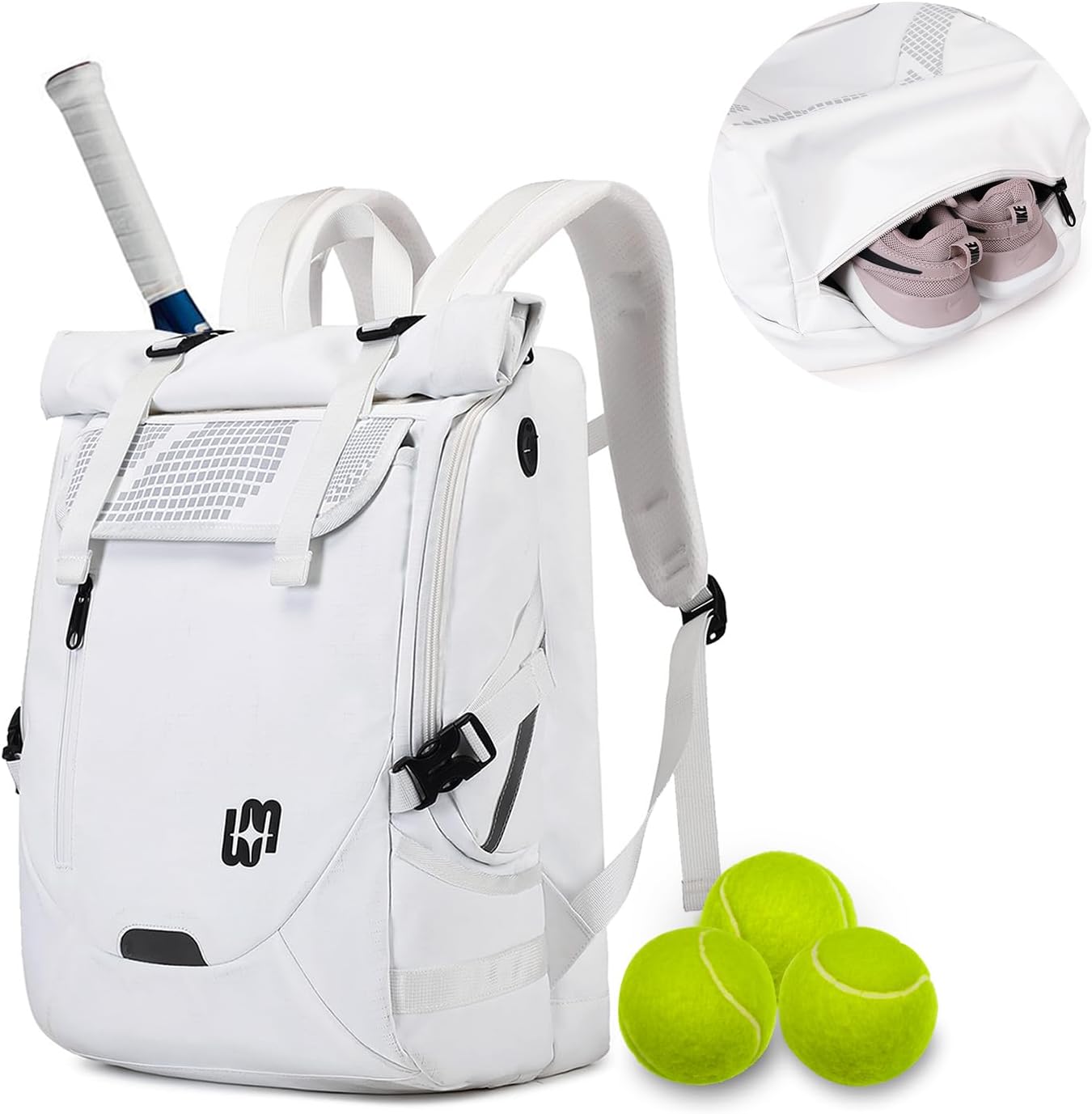 UTIAMIAOGONGO Sac de Tennis pour Femme et Homme Contenir 2 Raquettes, Sac à Dos Tennis avec Compartiment à Chaussures pour Les Sports de Tennis/Pickleball/Badminton Blanc-b