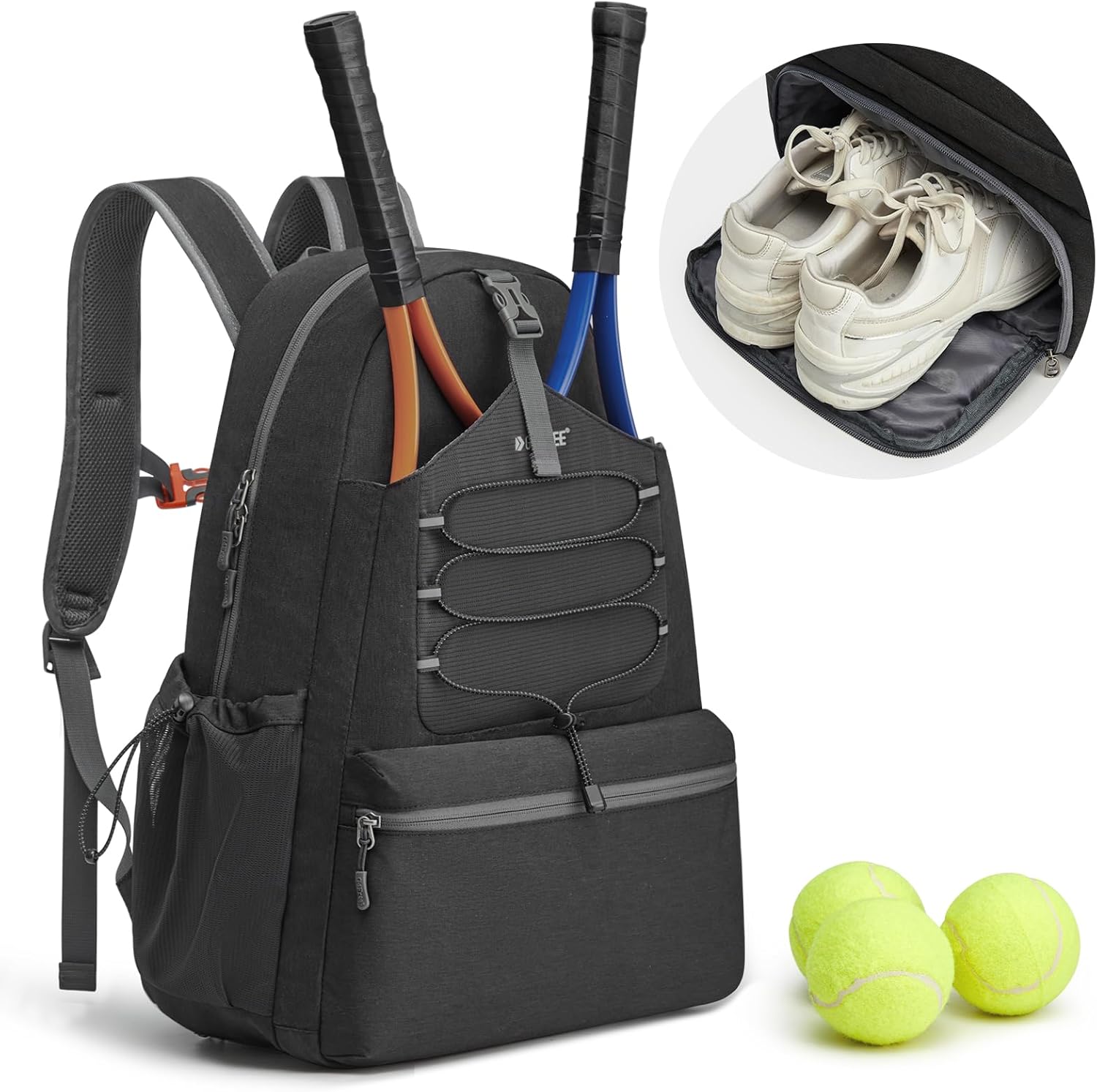 Sac de Tennis, Sac à Dos de Tennis pour Homme et Femme, Grand Sac de Pickleball, Peut contenir 4 Raquettes avec Compartiment à Chaussures Noir