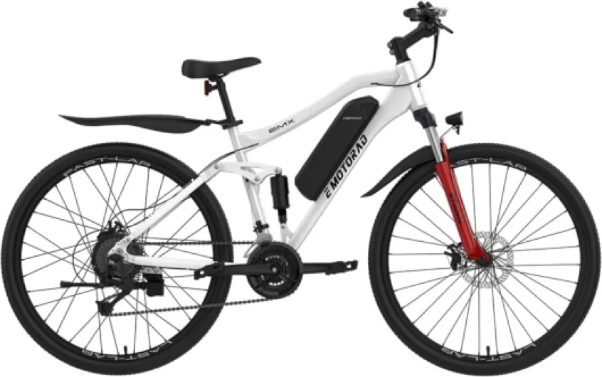 EMotorad EMX+ - Vélo électrique tout-terrain pour adultes - pneus CST 27,5 x 2,0" - moteur 36 V 250 W - batterie 13 Ah amovible - double suspension - freins à disque mécaniques - écran LCD Blanc