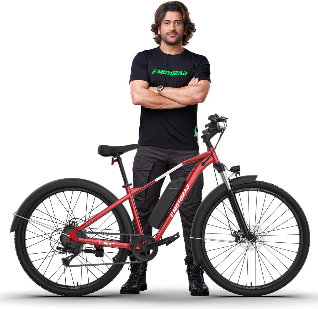 EMotorad T-Rex Air - Vélo Électrique Tout-Terrain pour Adultes - Pneus 29x2.4" - Moteur 36V 250W - Batterie Amovible 13Ah - Suspension Avant 100mm - Freins à Disque Mécaniques Rouge