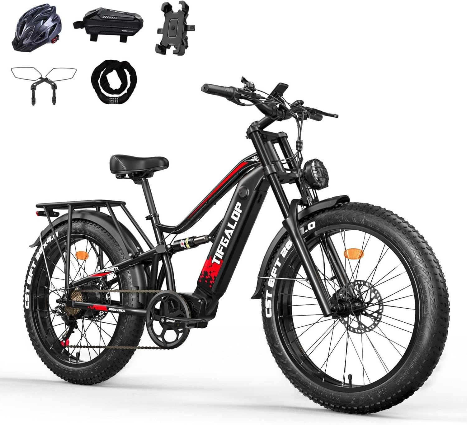 Lohang Vélo électrique pour Adultes, VTT 26 Pouces, Batterie 52 V 19/21 Ah, autonomie jusqu'à 40-90 km, Moteur Unique/Double, Double amortisseurs, 7 Vitesses, vélo électrique de Plage et de Neige 19Ah-noir-Moteur unique