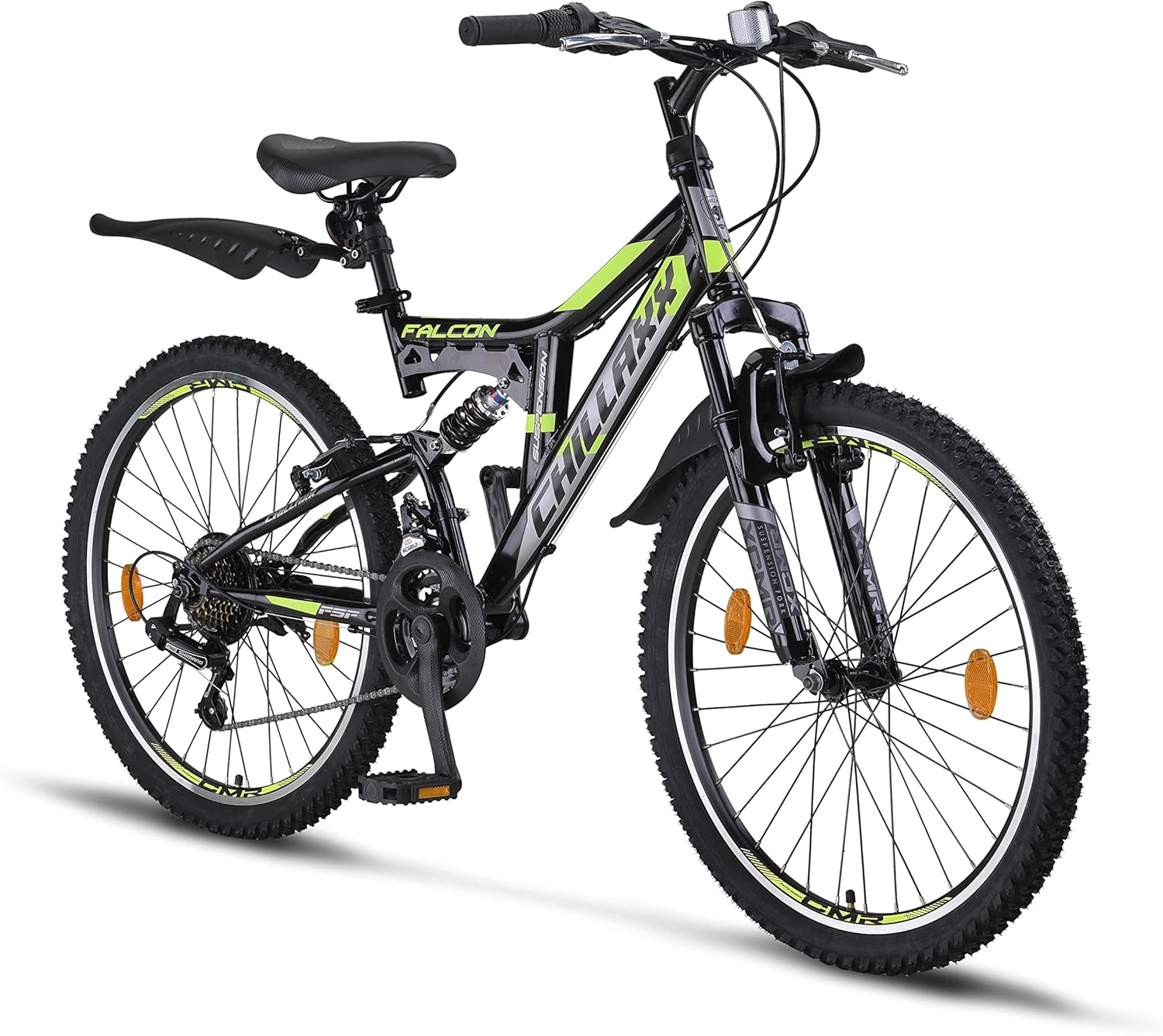 Chillaxx Falcon VTT de 24, 26, 27,5 et 29″, pour garçons, filles, femmes et hommes, frein à disque, dérailleur à 21 vitesses, suspension complète 24" (60,96 cm) Frein en V noir et citron vert