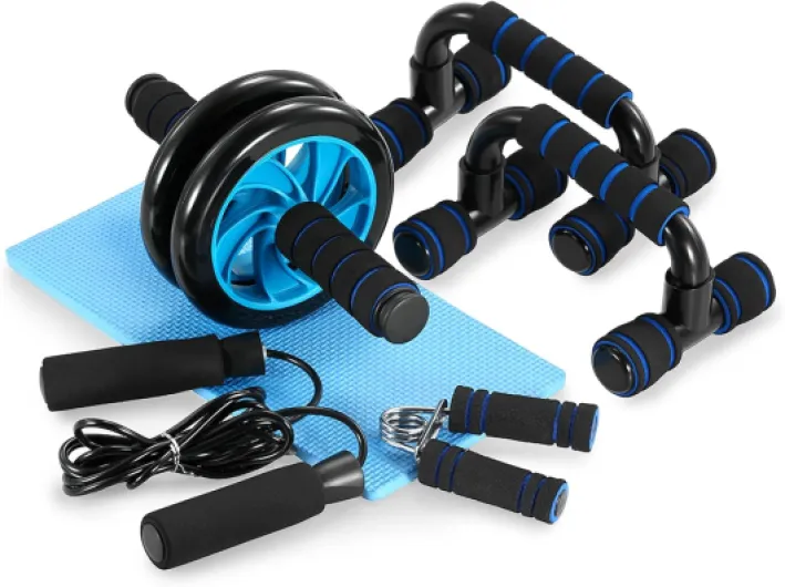 Appareils de Fitness 5 en 1 Roue Abdominale + Poignée de Pompe + Corde à Sauter + Pince à Main + Tapis pour Genou Kit Complet pour Fitness Exercices Musculation bleu