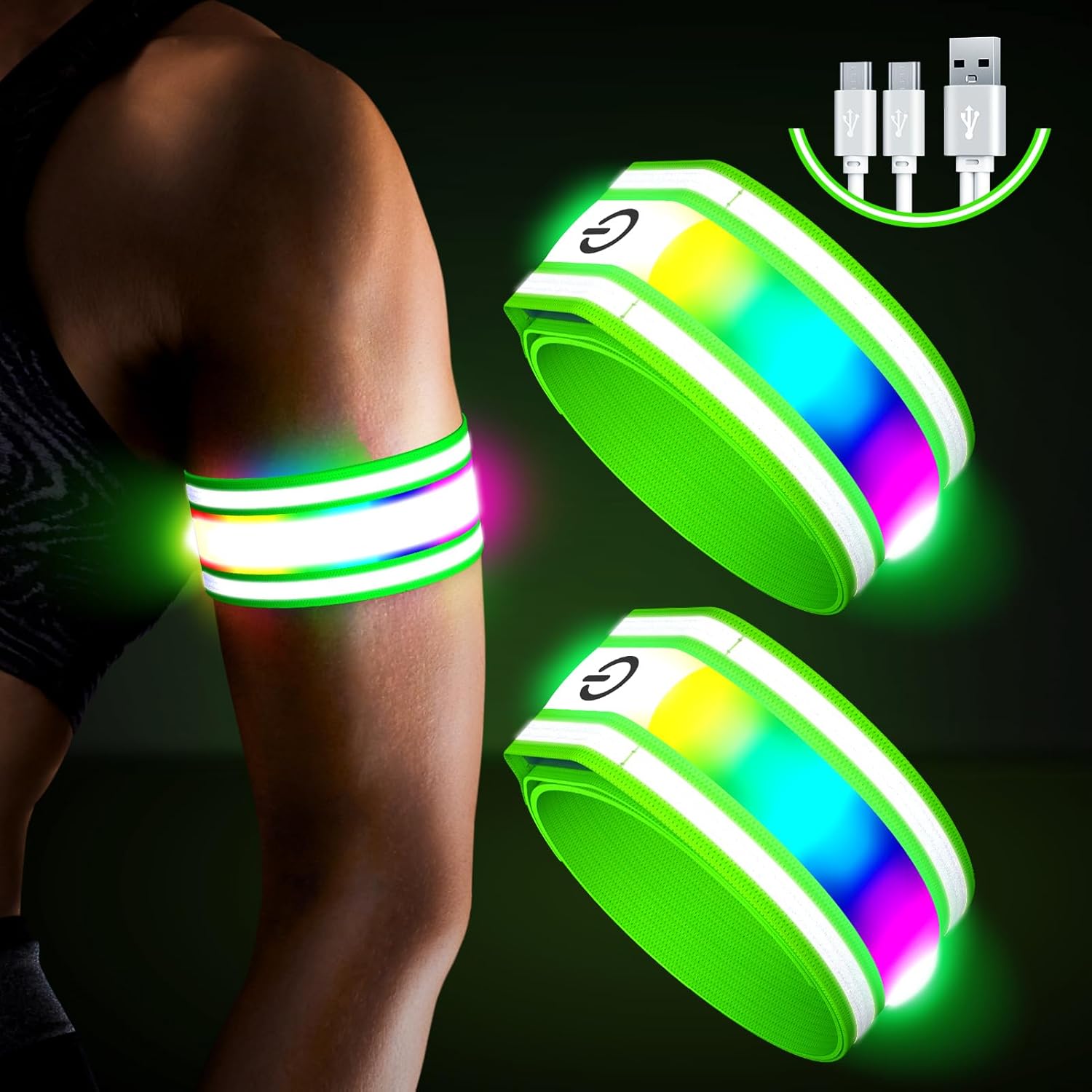 Lot de 2 brassards à Del pour la Course à Pied, la Marche de Nuit, lumières Rechargeables pour Coureurs, équipement de Course réfléchissant Haute visibilité, Bracelets Lumineux réglables M Vert