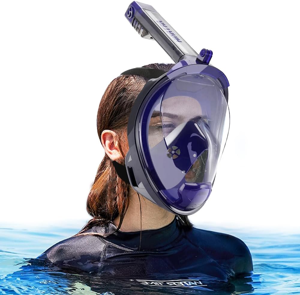 Masque de plongée Intégral avec Tuba, 180° Double Flottante Masque Tuba Adulte Snorkeling Anti-buée Anti-Fuite, Lunettes plongée apnée avec Caméra Support Adulte Enfant Noir Violet L-XL