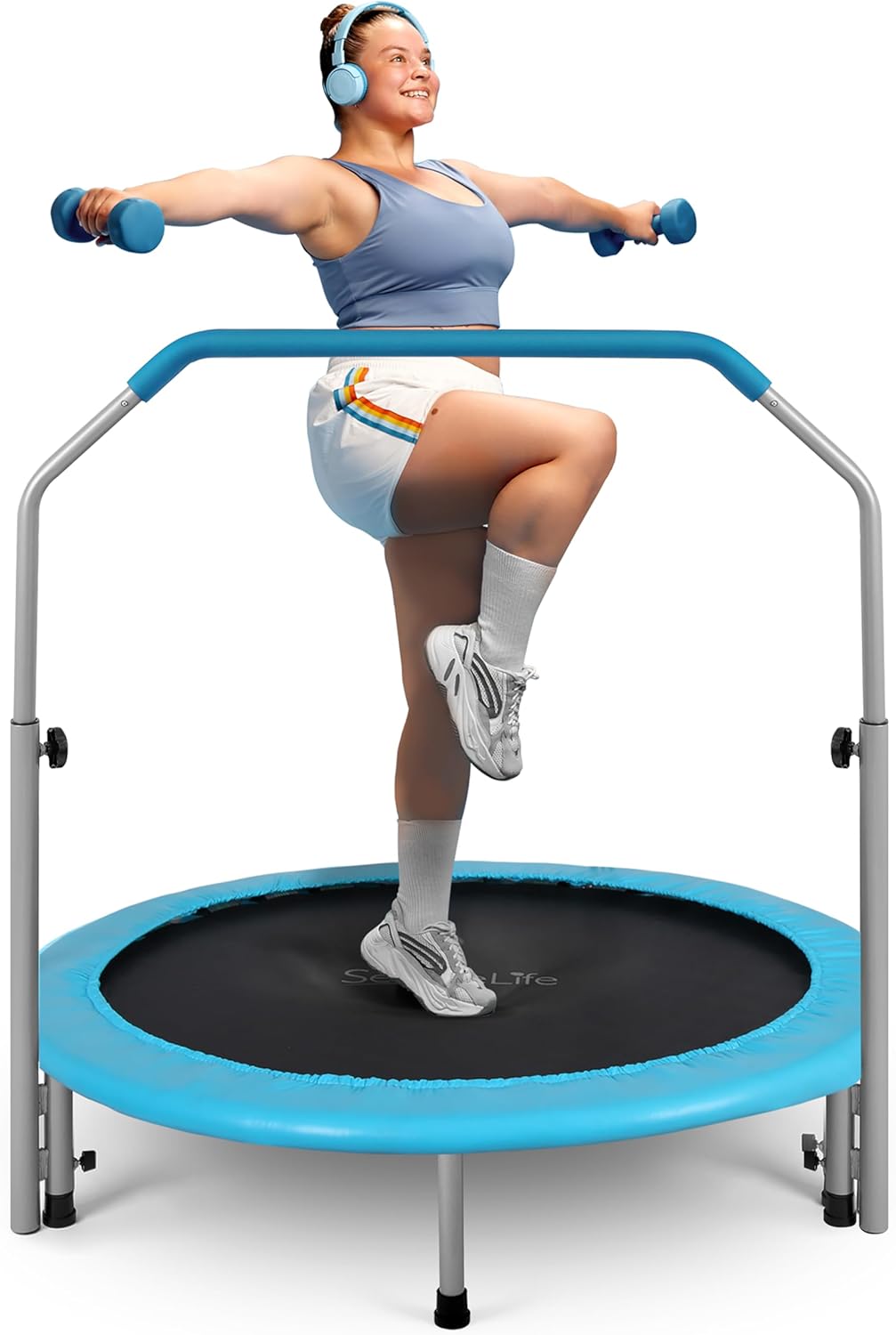 Trampoline Pliable 91/102 cm – Mini Trampoline de Fitness pour Enfants et Adultes, Rebondisseur avec Poignée en Mousse, Appareil d’Entraînement Intérieur/Jardin, Charge Max 68/100 kg 102 cm, Bleu clair