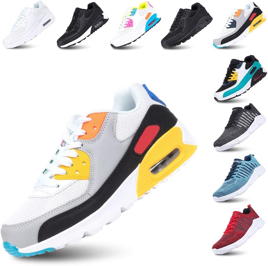Chaussures de Course Homme Femme Running Sport Fitness Respirantes Legere Gym Athlétique AIR Sneaker Noir Vert Blanc Rose Jaune EU36-EU47 44 EU 1a Blanc Jaune