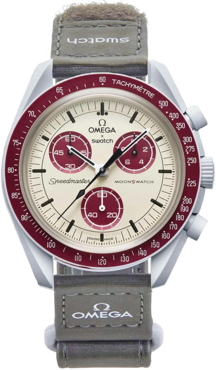 Swatch Omega x Moon Mission to Pluto Speedmaster Bordeaux – Neuf, unisexe, Beige et bordeaux, Moderne