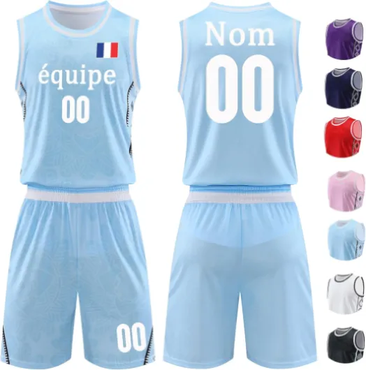 Maillot de Basket Personnalisé Chemise et Short Ensemble Basket avec Nom Numéro Logo de L'équipe Personnalisables pour Hommes Femmes Enfants Trousse Basket Bleu Clair