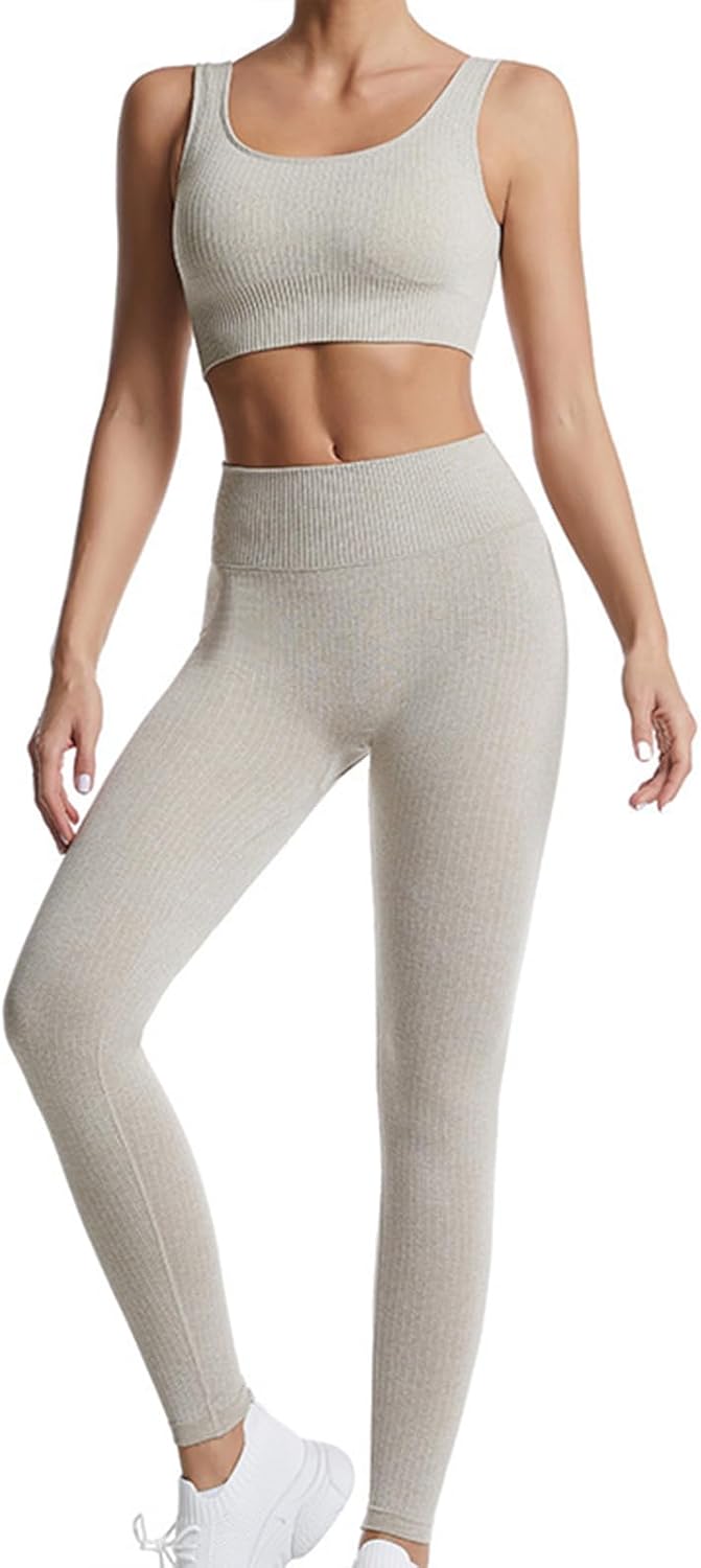 Ensemble De Vêtements De Sport Femme 2 Pièces Survêtements Ensembles Soutien-Gorge Sport Legging de Yoga Sportswear Fitness Ensembles D'entraînement Tenues de Sport M Kaki