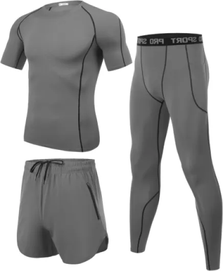 Ensemble Compression Homme Tenue Sport Fitness Maillot Serré Tee Shirt Compression Legging Pantalon Jogging Vêtement Running 3 Pièces S-XXL L Gris