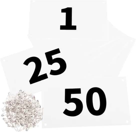 Numéros de Dossard Course de 1 à 50 100 200 300 400 500 avec Épingles Imperméable pour Marathon Événements Sportifs Trithonlon Blanc - 001-050