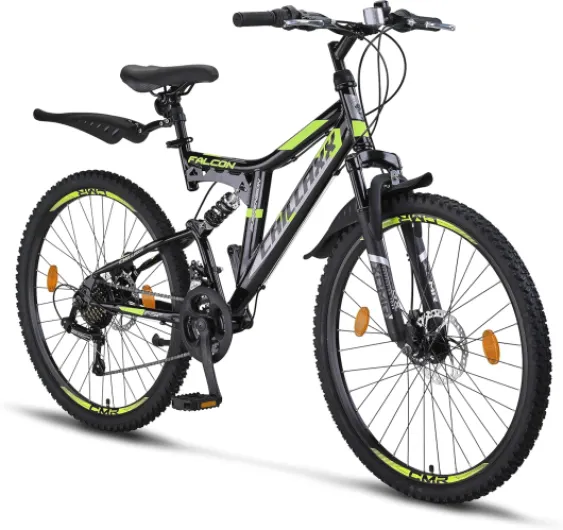 Chillaxx Falcon VTT de 24, 26, 27,5 et 29″, pour garçons, filles, femmes et hommes, frein à disque, dérailleur à 21 vitesses, suspension complète 26" Frein à disque noir/citron vert