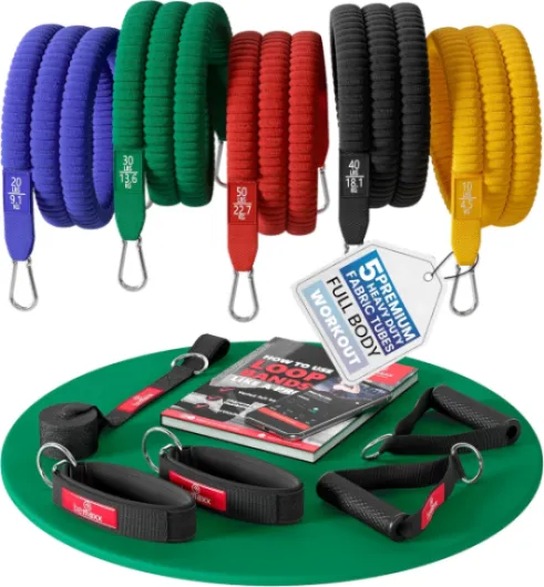 Kit Élastique Musculation Fitness + Guide Exercices, 5X Bandes de Résistance Tubes Professionnels + Poignées, Ancre de Porte, Sangles Pied - Entraînement Tractions Bras Jambes Haltere, Femme Homme 2) Tissu Bandes de Résistance