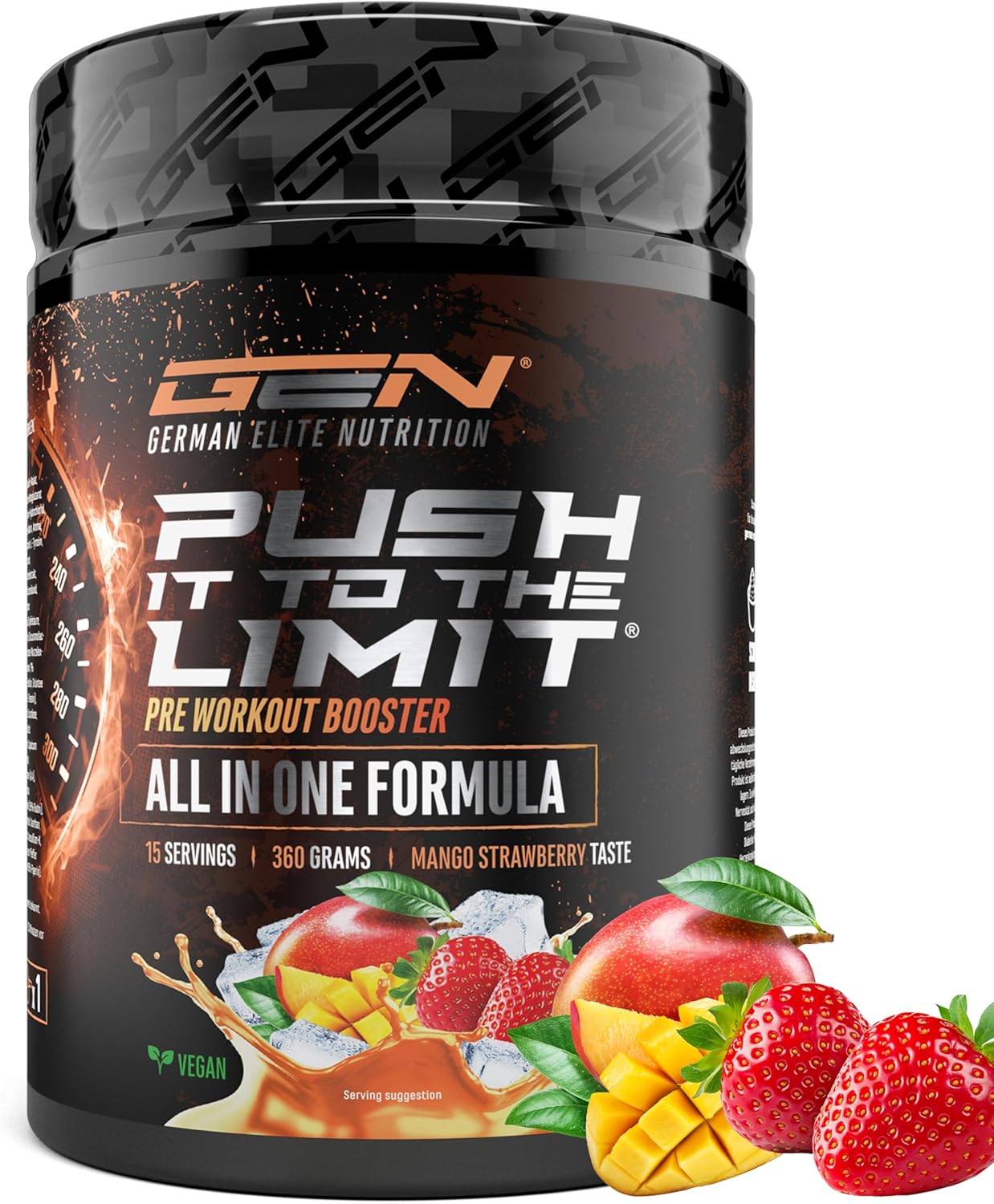 Push it to the Limit - Pré-entraînement avec L-arginine + citrulline + L-tyrosine + L-théanine + L-carnitine + AAKG + taurine + rhodiola rosea + caféine - Hautement dosé - 360 g - Mangue Fraise