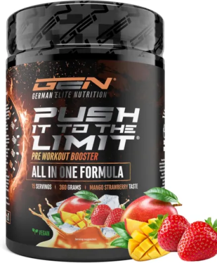 Push it to the Limit - Pré-entraînement avec L-arginine + citrulline + L-tyrosine + L-théanine + L-carnitine + AAKG + taurine + rhodiola rosea + caféine - Hautement dosé - 360 g - Mangue Fraise