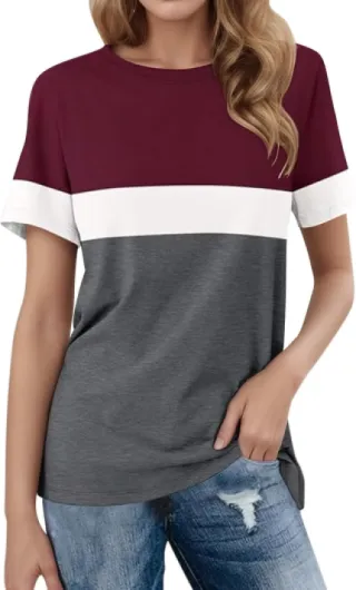 T-shirt tendance pour femme avec col rond, rayé, col rond, manches courtes en maille Bordeaux XL