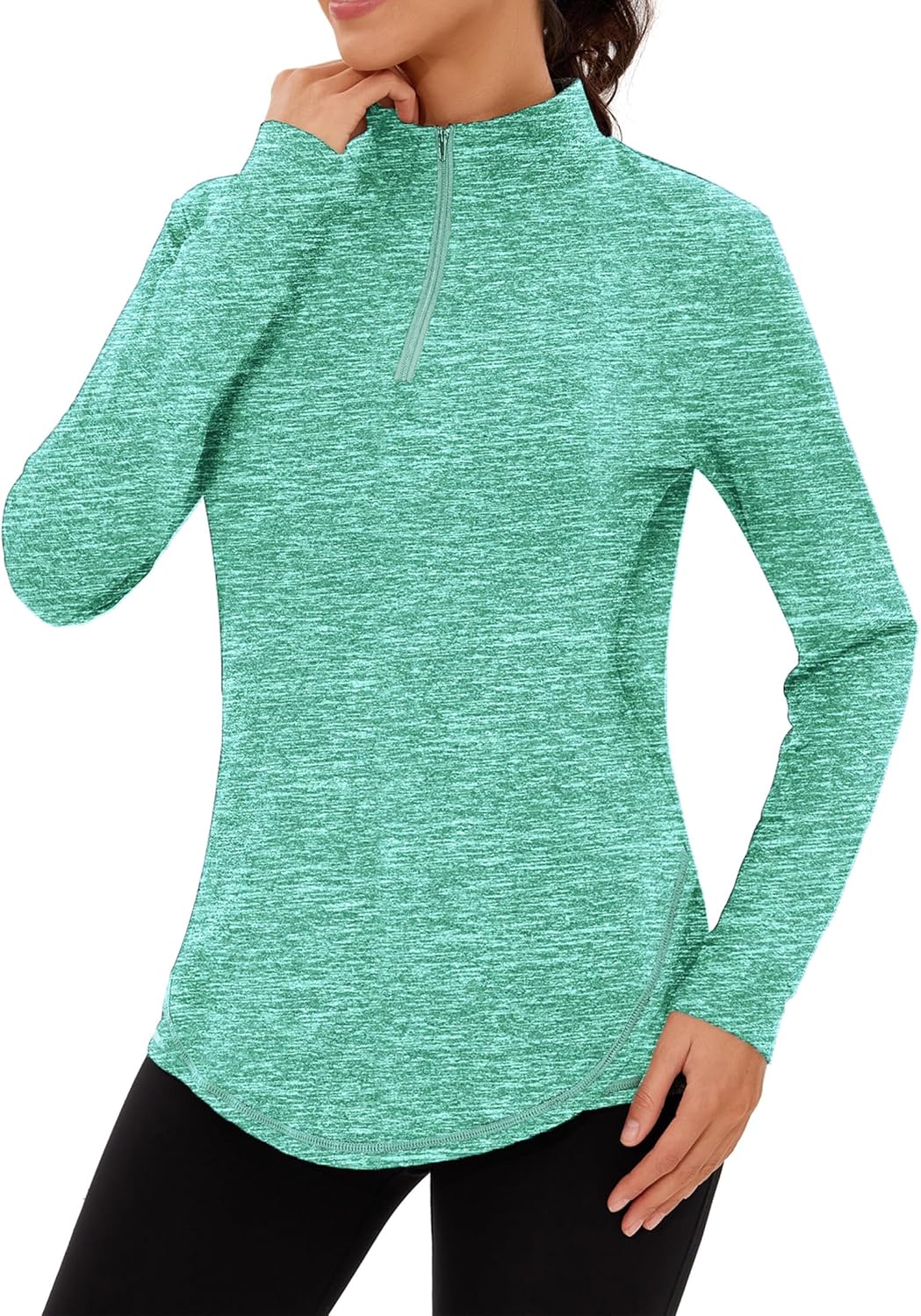 Haut de Running Femme 1/4 Zip à Manches Longues Sweatshirt Sport Léger Respirant Séchage Rapide Pull de Course Fitness Jogging Extérieur Vert Clair M
