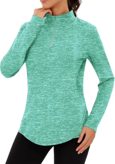 Haut de Running Femme 1/4 Zip à Manches Longues Sweatshirt Sport Léger Respirant Séchage Rapide Pull de Course Fitness Jogging Extérieur Vert Clair M