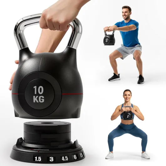 Kettlebell Réglable 20 kg, 7-en-1 Kettle bells, 7 Niveaux de Poids, Idéal pour Fitness & entraînement à domicile, Compact & Peu Encombrant Noir 10 kg