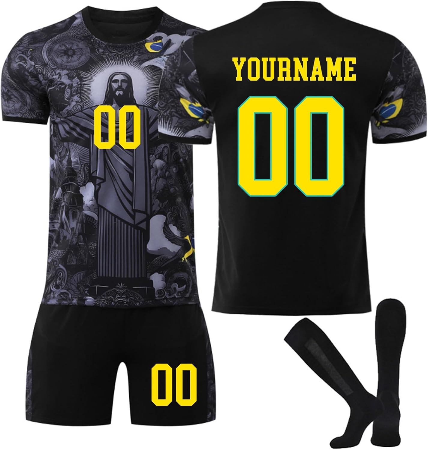 Maillot de Foot Jesus Bresil Personnalisé avec Nom Nombre pour Garçon Et Homme, Ensemble de Foot Entraînement T-Shirt Short et Chaussettes Bresil 1 Taille unique