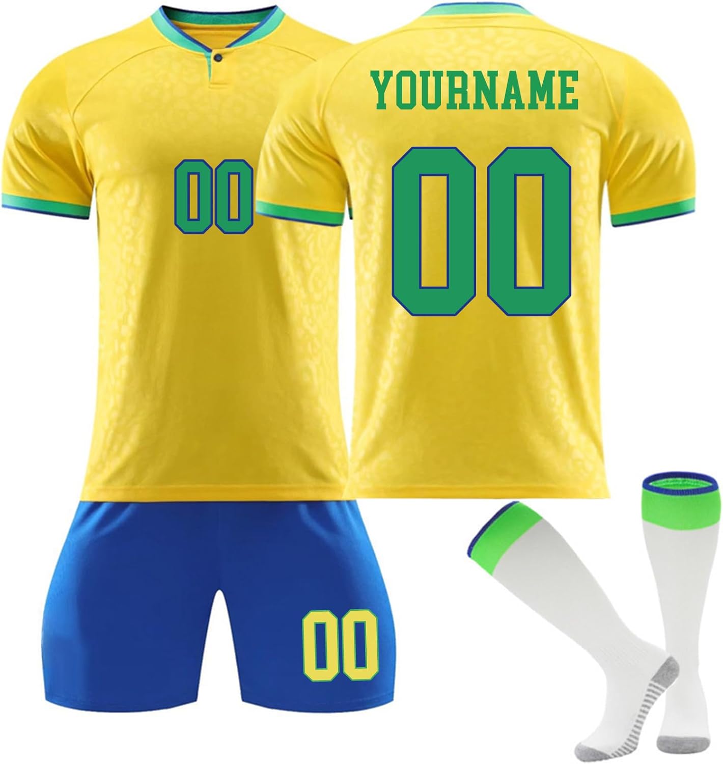 Maillot de Foot Bresil Personnalisé avec Nom Nombre pour Garçon Et Homme, Ensemble de Foot Entraînement T-Shirt Short et Chaussettes Set Bresil 4 Taille unique