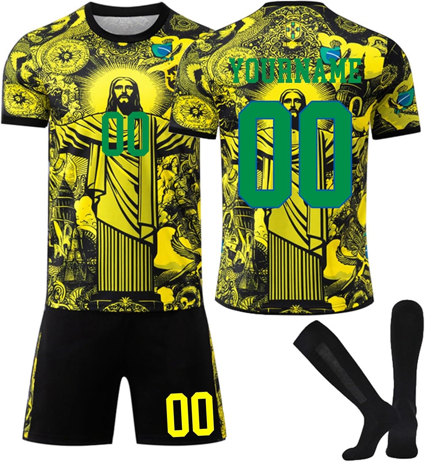 Maillot de Foot Bresil Personnalisé avec Nom Nombre pour Garçon et Homme, Ensemble Football Enfant Comprend Maillots Short et Chaussettes Convient Enfants et Adultes Taille unique Bresil01