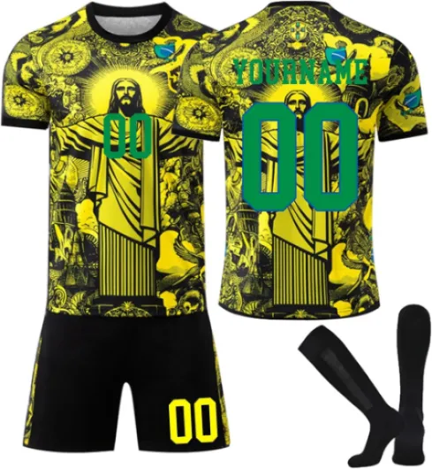 Maillot de Foot Bresil Personnalisé avec Nom Nombre pour Garçon et Homme, Ensemble Football Enfant Comprend Maillots Short et Chaussettes Convient Enfants et Adultes Taille unique Bresil01