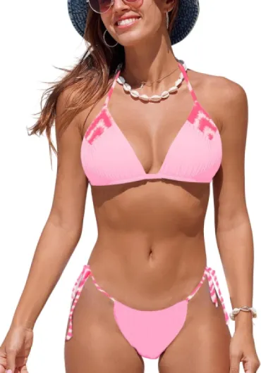 Maillot de Bain Femme 2 Pieces Ayures Imprimées Triangle Bikini Bresilien Réglable Corde à Cravate Plage Taille Basse Bas de Bikini Rose S