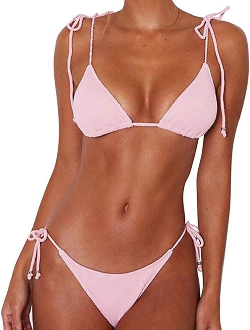 Femmes Maillot De Bain Deux pièces Ficelle de Cravate Halter Bikini Rembourré Réglable Triangle Bikini Classique Push-Up Brésilien S Rose