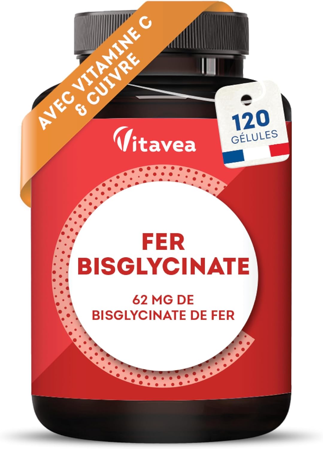 Fer Bisglycinate 14 mg + Vitamine C & Cuivre - Haute absorption, Réduit la Fatigue, Soutien Immunitaire - Avec Cuivre - 120 gélules Vegan - Fabriqué en France - Vitavea