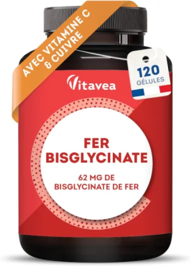 Fer Bisglycinate 14 mg + Vitamine C & Cuivre - Haute absorption, Réduit la Fatigue, Soutien Immunitaire - Avec Cuivre - 120 gélules Vegan - Fabriqué en France - Vitavea