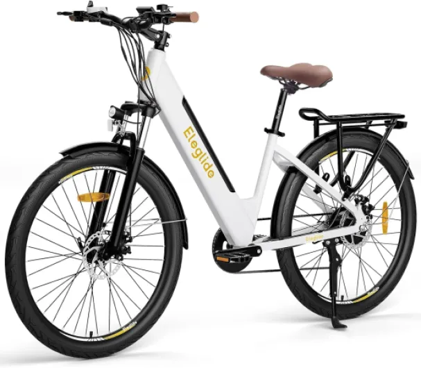 Vélos électriques T1 Step-Thru, Vélo électrique de 27,5 Pouces,Batterie 36V 12,5Ah, écran LCD,7 Vitesses, E-Bike Urbain pour Adulte Homme Femme, VTC Blanc