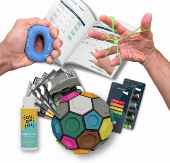 BOULDERBALL POWER Set d’entraînement pour la force des doigts, de la main et de l’avant bras - Avec Boulderball, anneau grip, bande extensible et plan d’entraînement - Pour grimpeurs et sportifs